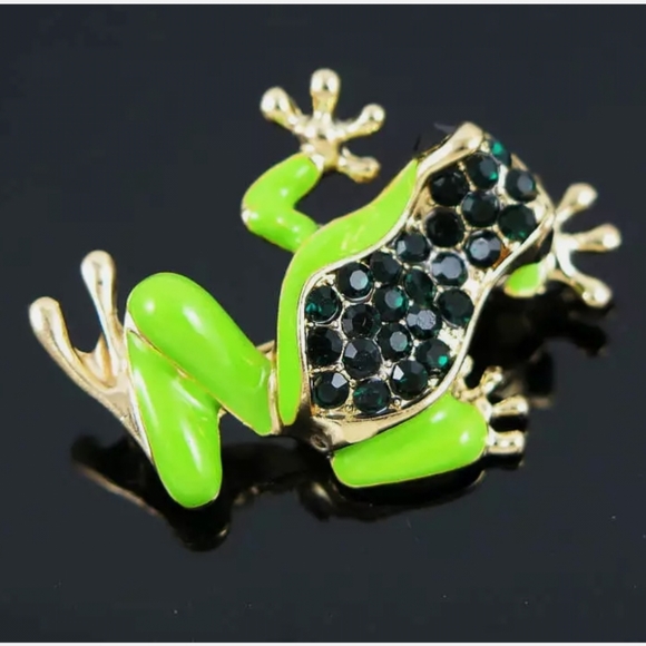 Gold plated green crystal frog brooch - Picture 2 of 13
